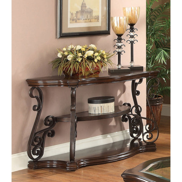 English Elm Gretta Merlot console table with bronze scrollwork legs, polished wood shelves, elegant hallway focal piece B062P333395