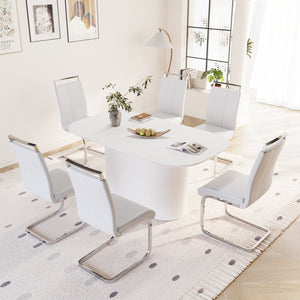 English Elm 63 Inch Mdf Dining Table and Six Pu Leather Chair Set for Modern Interiors W2189S00883