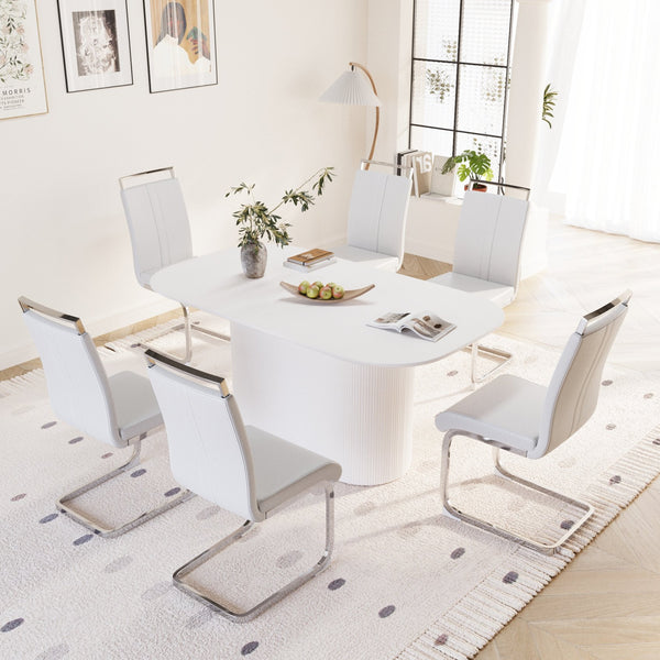 English Elm 63 Inch Mdf Dining Table and Six Pu Leather Chair Set for Modern Interiors W2189S00883