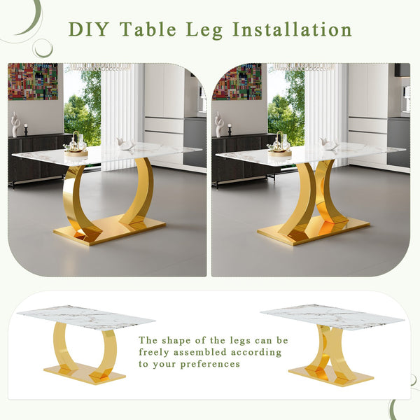 English Elm 63 Inch Rectangular Tempered Glass Dining Table with Gold Steel Legs Seats Six White+Gold W2920S00079