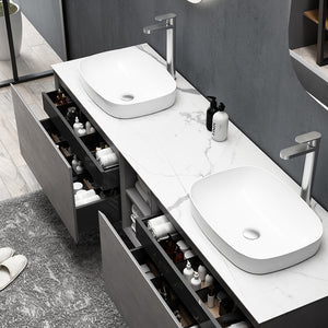 English Elm 67" Inalco Floating Bathroom Vanity Solid Wood Cabinet Porcelain Countertop Sink Combo W1920S00177