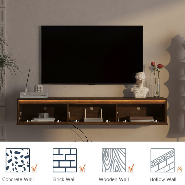 English Elm Floating Wall Mounted Tv Shelf with Led Lighting Power Outlets Gloss White Media Storage W1321P351884