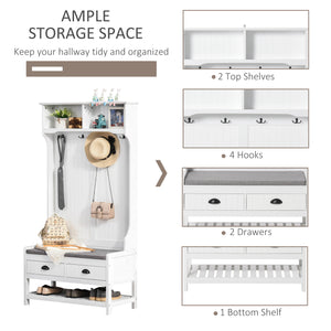 English Elm HOMCOM 3-in-1 Hall Tree Bench with Coat Rack, Shoe Shelf, 2 Drawers, 4 Hooks & Padded Seat—White W2225P217210