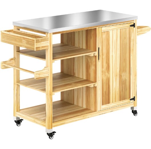 English Elm Versatile Fir Wood Outdoor Kitchen Island with Stainless Steel Top and Locking Wheels T3971P425014