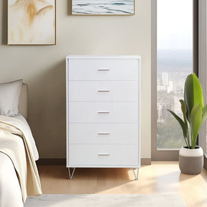 English Elm White 5-Drawer Chest For Modern Storage | Crisp Finish, Polished Chrome Legs & Effortless Access B062P209028-GIGA
