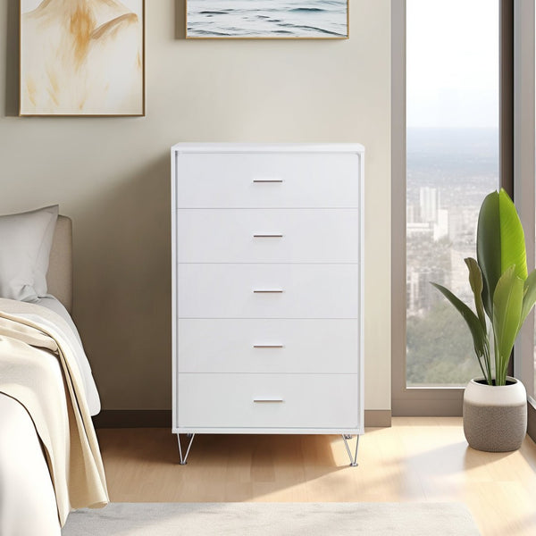 English Elm White 5-Drawer Chest For Modern Storage | Crisp Finish, Polished Chrome Legs & Effortless Access B062P209028-GIGA