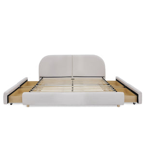 English Elm Queen Platform Bed Curved Headboard Circle Yarn Fabric with Four Wheeled Storage Drawers Beige W487S00481