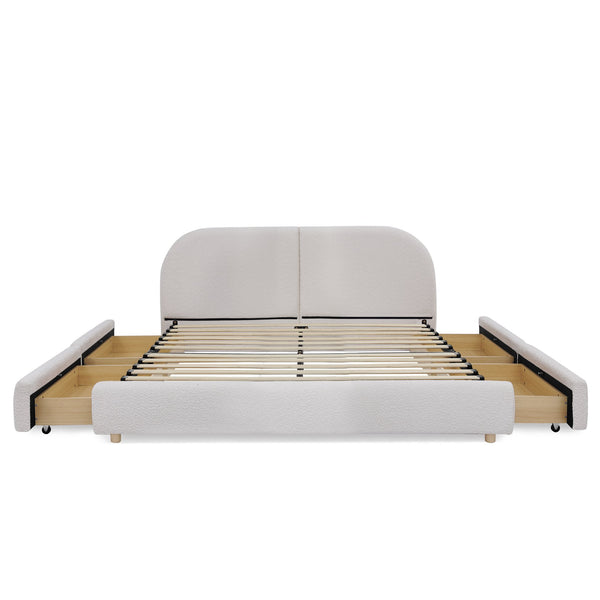 English Elm Queen Platform Bed Curved Headboard Circle Yarn Fabric with Four Wheeled Storage Drawers Beige W487S00481