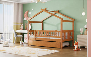 English Elm Twin House Bed with Trundle Solid Pine Frame Walnut Kids Bedroom Sleepover N708P357115L