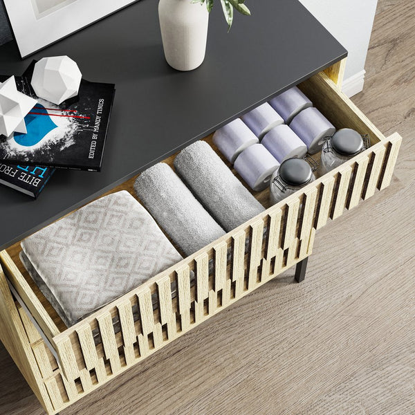 English Elm Fluted,4 Drawer Chest with Slatted Fronts — Large Capacity Freestanding Storage, Natural+Black Finish W2673P208644