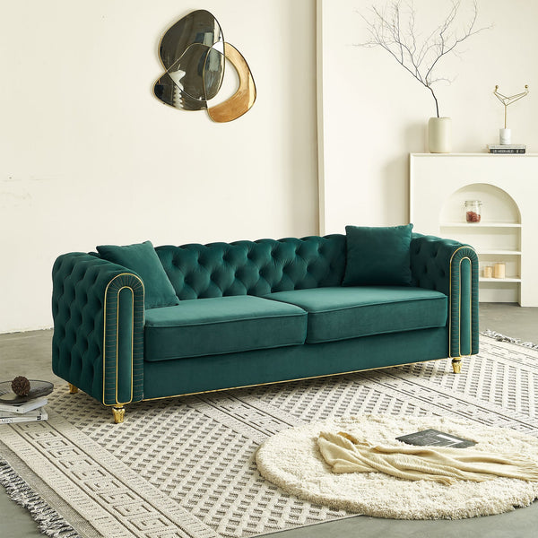 English Elm 86'' Luxury Modern Tufted Sofa with Gold Trim, Velvet Upholstery, Pocket Spring Comfort & 750lb Support Green W579P303657