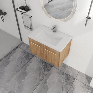 English Elm 30 30 Inch Soft Close Vanity with Resin Sink, Open Shelf Storage & Rust‑Resistant Metal Handles, KD-Pack W999P188194
