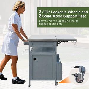 English Elm K&K 40.5" Outdoor Grill Cart with 201 Stainless Top, Solid Fir Storage, Drop Leaf & Lockable Wheels Blue+Grey N707P228272G