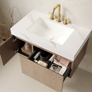 English Elm Muri Floating Bathroom Vanity Plywood Cabinet Sintered Stone Top Woodgrain Finish W2615S00638