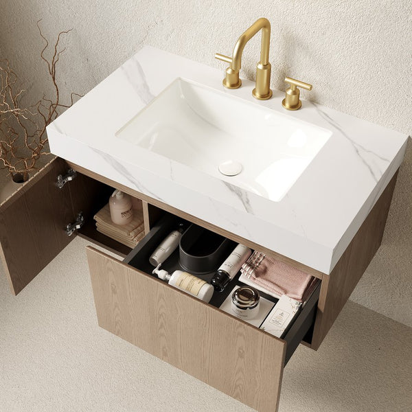 English Elm Muri Floating Bathroom Vanity Plywood Cabinet Sintered Stone Top Woodgrain Finish W2615S00638