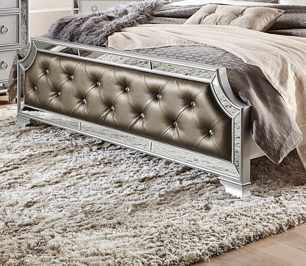 English Elm Silver Frame Queen Bed Crystal Button Tufted Headboard with Mirror Accent Glam B011S02485