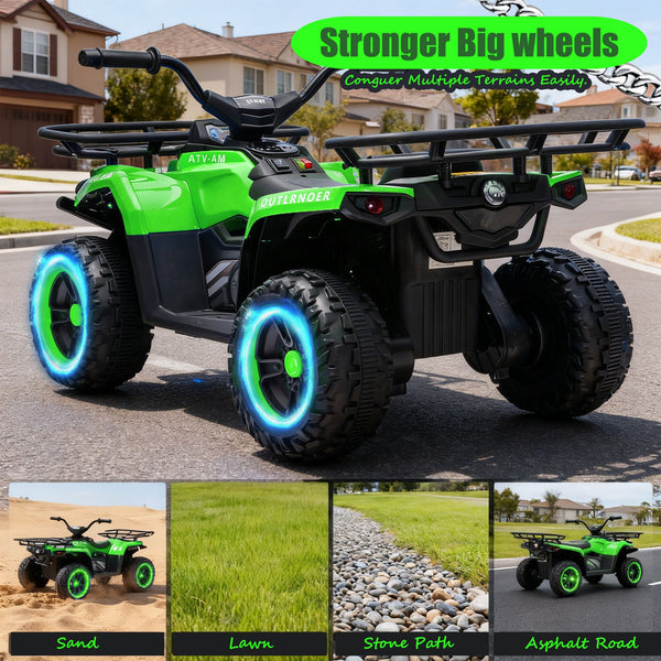 English Elm 24v Dual Motor Kids Atv Ride on with Led Lights Bluetooth Storage Racks Off Road Green W1578P390451