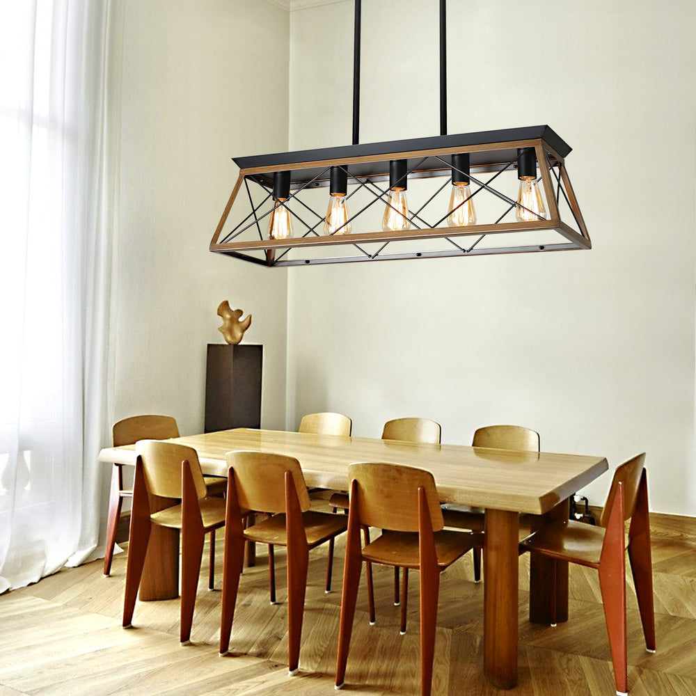 English Elm 32" Walnut Industrial 5-Light Pendant Chandelier - Modern Metal Cage, Adjustable For Versatile Spaces W2312P368670