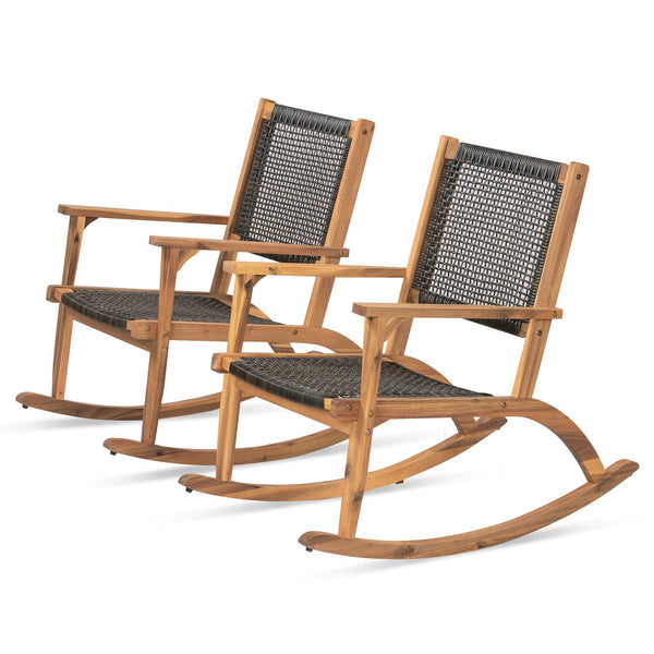 English Elm Go Acacia Wood Outdoor Rocking Chair Set Two Pe Wicker Seats for Patio Porch Dark Brown N704P245214D