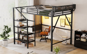 English Elm Queen Metal Loft Bed with Staircase Storage Foldable Desk and Built-in Charging W2580S00073