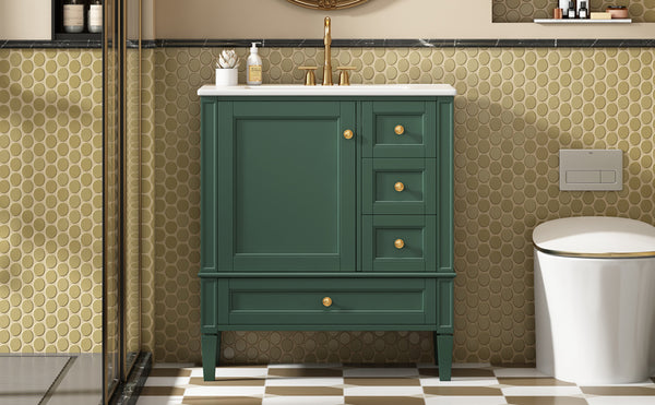 English Elm 30 30 Inch Bathroom Vanity with Ceramic Sink, Modern Compact 3-Drawer Storage Cabinet for Small Baths Green N710P247499F