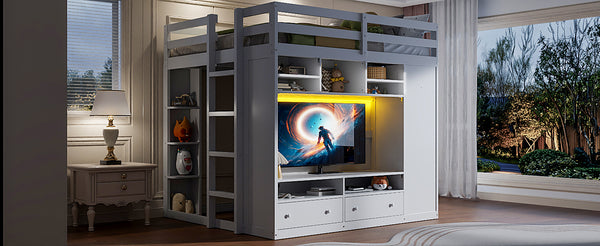 English Elm Full Size Loft Bed with Led Lighting Wardrobe Drawers and Shelves for Teen Rooms White LT000499AAK