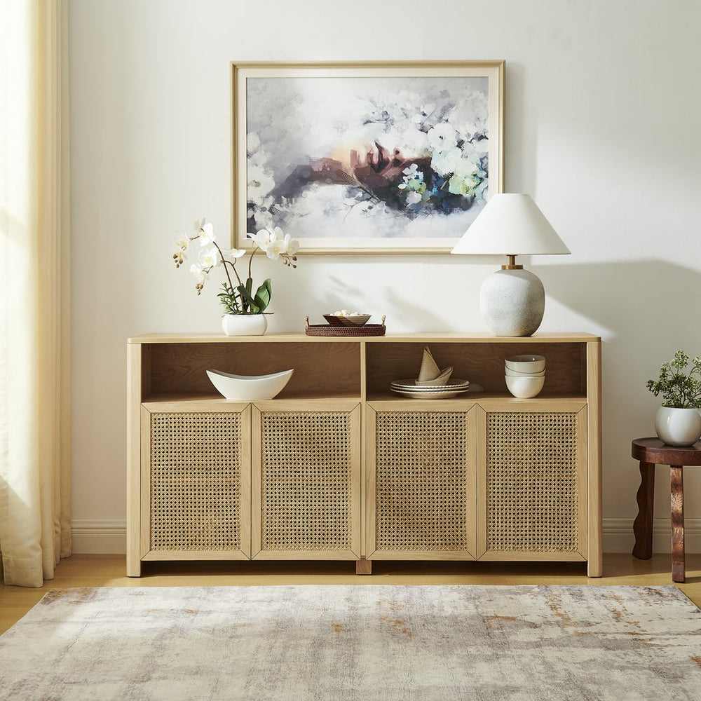 English Elm 63" Mid Century Modern Rattan Sideboard Buffet Cabinet with Adjustable Shelves, Durable Craftsmanship and Outlet Access for Living Room Storage and TV Console Natural W1801P371656