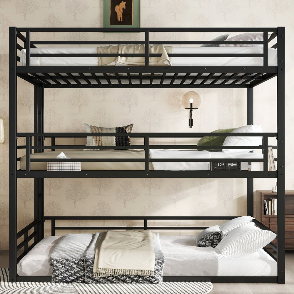 English Elm Queen Metal Triple Bunk Bed - Space-Saving Design With Safety Guardrails & Noise Reduction, Black Finish W1580S00176-GIGA