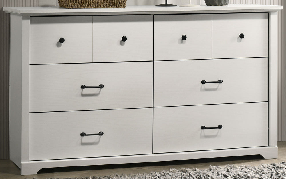 English Elm Elettra Wide Six Drawer Dresser White Laminate Finish with Black Metal Hardware B2749P413338