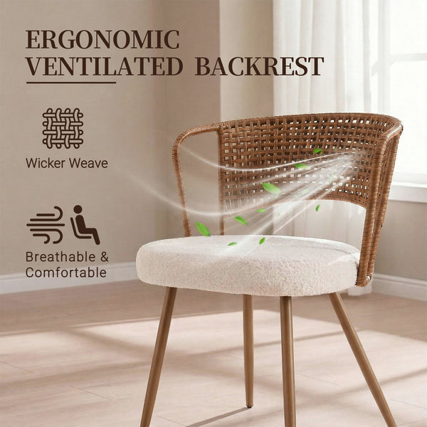 English Elm Round Wood Table and Four Wicker Chairs Bohemian Dining Set with Beige Cushions Dark Brown,Natural W3590S00022