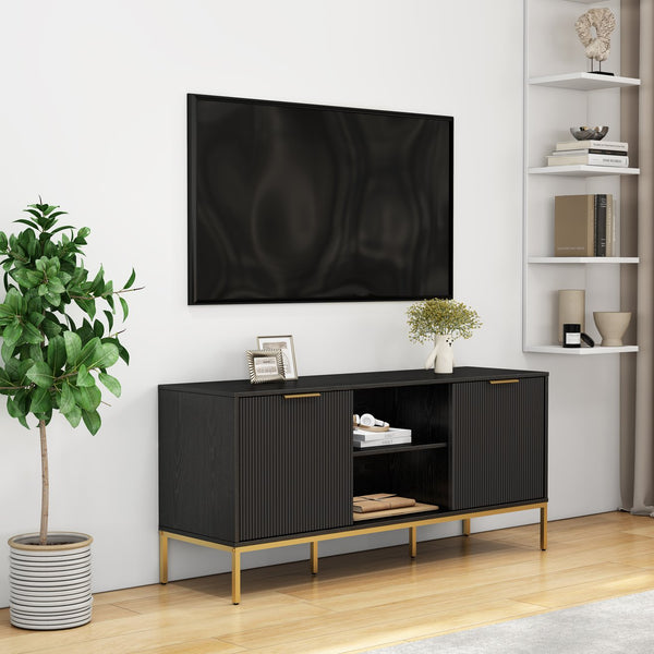 English Elm Modern Wave Door Media Console with Gold Legs Soft Close Hinges and Open Shelf W3151P407896
