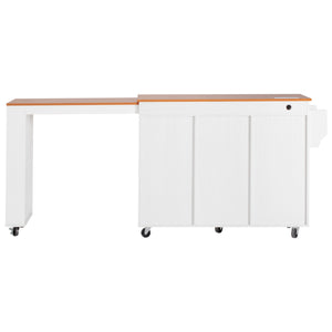 English Elm K&k Rolling Kitchen Island with Extendable Table Open Shelving and Built-in Power Outlet White N707P360278W