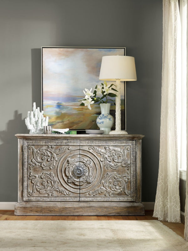 Hooker Furniture Melange Intricately Carved Two-Door Console With Driftwood Whitewash, Aged Silver Pull, Storage 90" 5701-85002