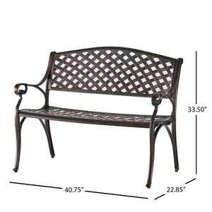 English Elm Spencer Cast Aluminum Outdoor Bench Antique Copper Finish Scrolled Arms Garden Patio 50327.00LVS