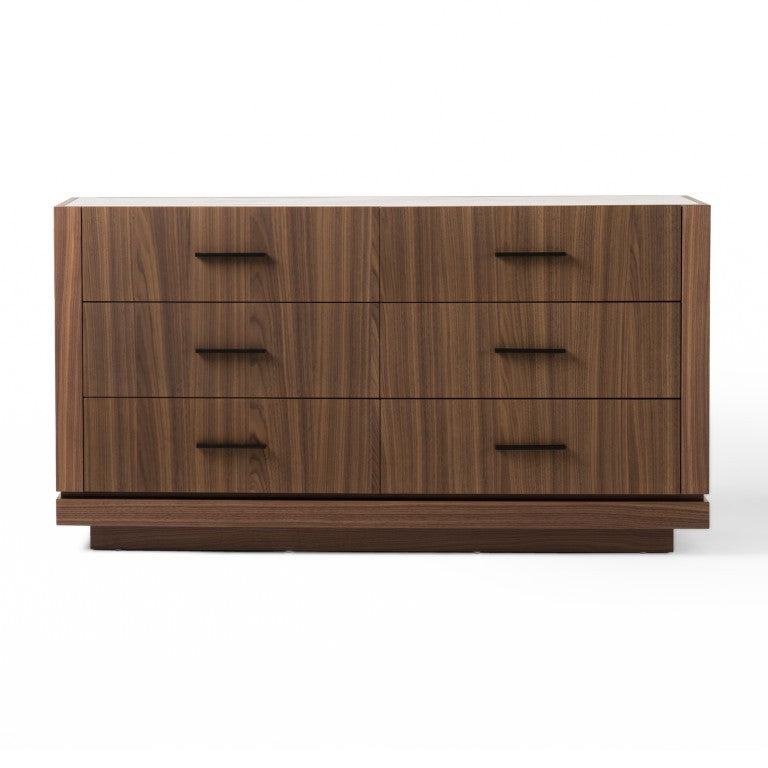 VIG Furniture Bailey- Modern Walnut Dresser With 6 Smooth-Glide Drawers, 3D Tempered Glass Top & Black Handles VGHB-EM112C-W