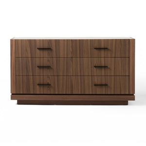 VIG Furniture Bailey- Modern Walnut Dresser With 6 Smooth-Glide Drawers, 3D Tempered Glass Top & Black Handles VGHB-EM112C-W