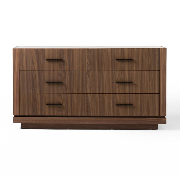 VIG Furniture Bailey- Modern Walnut Dresser With 6 Smooth-Glide Drawers, 3D Tempered Glass Top & Black Handles VGHB-EM112C-W
