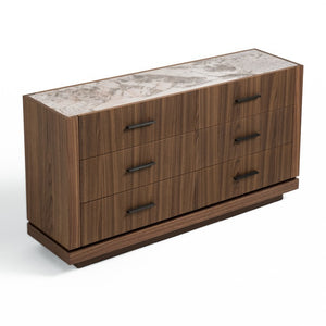 VIG Furniture Bailey- Modern Walnut Dresser With 6 Smooth-Glide Drawers, 3D Tempered Glass Top & Black Handles VGHB-EM112C-W