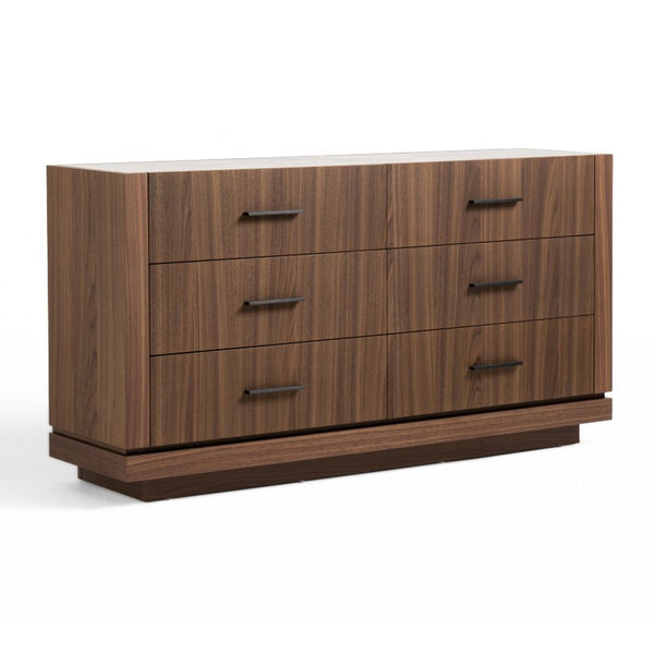VIG Furniture Bailey- Modern Walnut Dresser With 6 Smooth-Glide Drawers, 3D Tempered Glass Top & Black Handles VGHB-EM112C-W