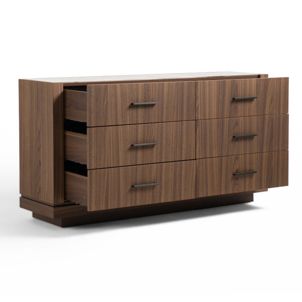 VIG Furniture Bailey- Modern Walnut Dresser With 6 Smooth-Glide Drawers, 3D Tempered Glass Top & Black Handles VGHB-EM112C-W