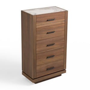 VIG Furniture Bailey- Modern Walnut Chest With 5 Drawers, Walnut Veneer, Tempered Glass Top & Black Metal Handles VGHB-EM112W-W