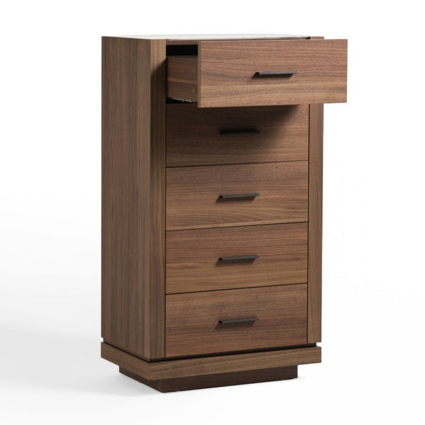 VIG Furniture Bailey- Modern Walnut Chest With 5 Drawers, Walnut Veneer, Tempered Glass Top & Black Metal Handles VGHB-EM112W-W