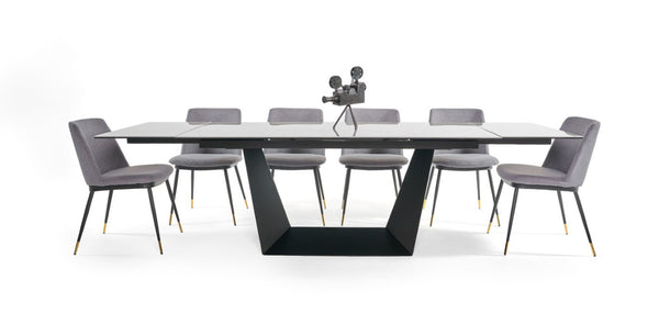 VIG Furniture Baldwin Extendable Dining Table With Grey Marble-Look Ceramic Top & Black Metal Base, Seats 8–10 VGNSGD8684-CB