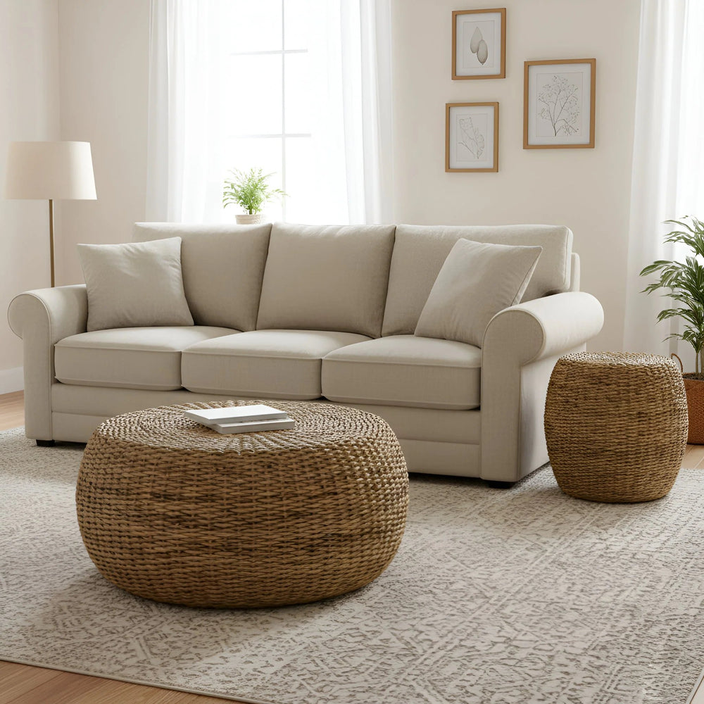 Alpine Furniture Banyan Handwoven Rattan Abaca Round Coffee Table for Coastal Boho Living Rooms FA-01