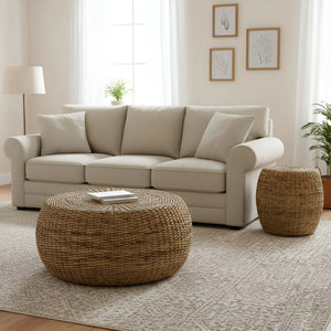 Banyan Handwoven Rattan Abaca Round Coffee Table for Coastal Boho Living Rooms