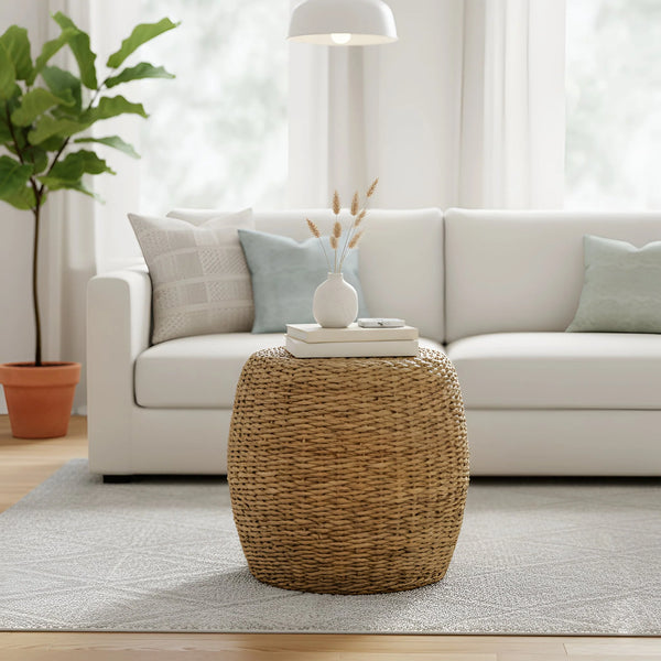 Alpine Furniture Banyan Handwoven Rattan Abaca Round End Table for Coastal Bohemian Living Spaces FA-02