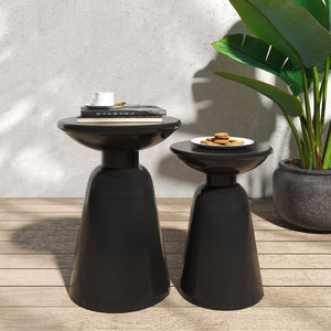 English Elm Serenita Outdoor Powder Coated Iron Pedestal Side Tables Sculptural Flared Set of Two Black 73614.00BLK