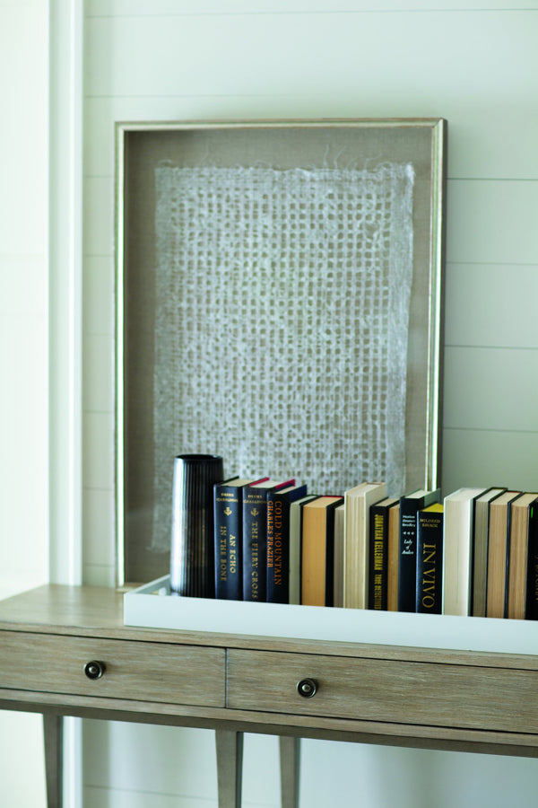 Bernhardt Bernhardt Santa Barbara Console Table With Textured Oak Veneer, Tempered Glass Shelf & Vintage Nickel Base 385910