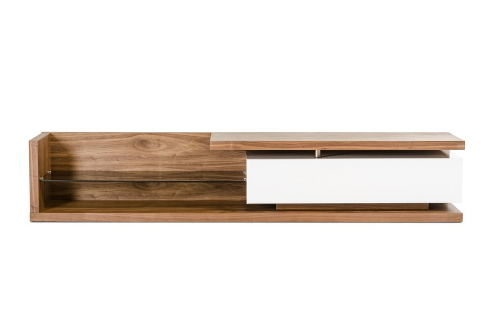 VIG Furniture Jefferson Walnut & White Mid-Century Tv Stand 95" Low Profile W/ Glass Shelf, Concealed Drawer Storage VGBB662N-LOW