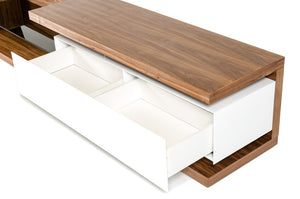 VIG Furniture Jefferson Walnut & White Mid-Century Tv Stand 95" Low Profile W/ Glass Shelf, Concealed Drawer Storage VGBB662N-LOW
